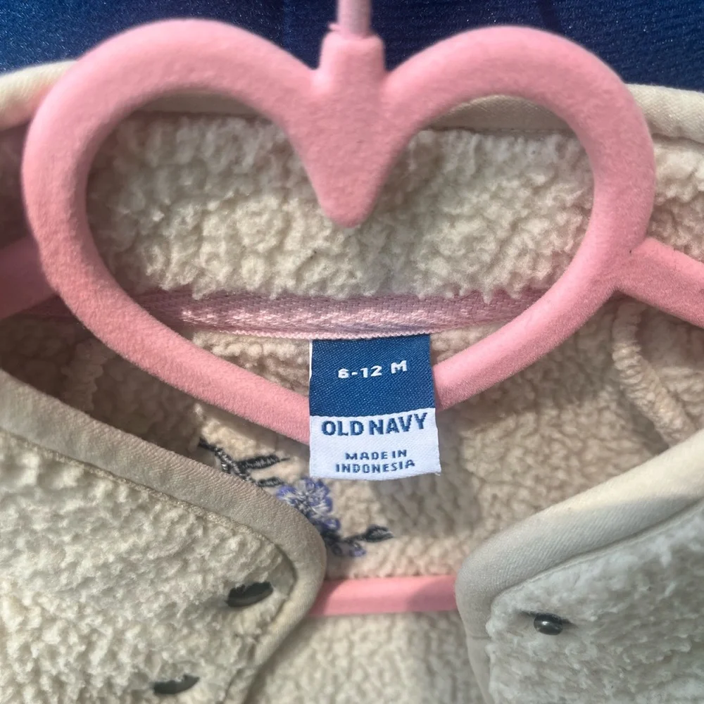 Old Navy Cream Sherpa Jacket with Blue Floral Embroidery